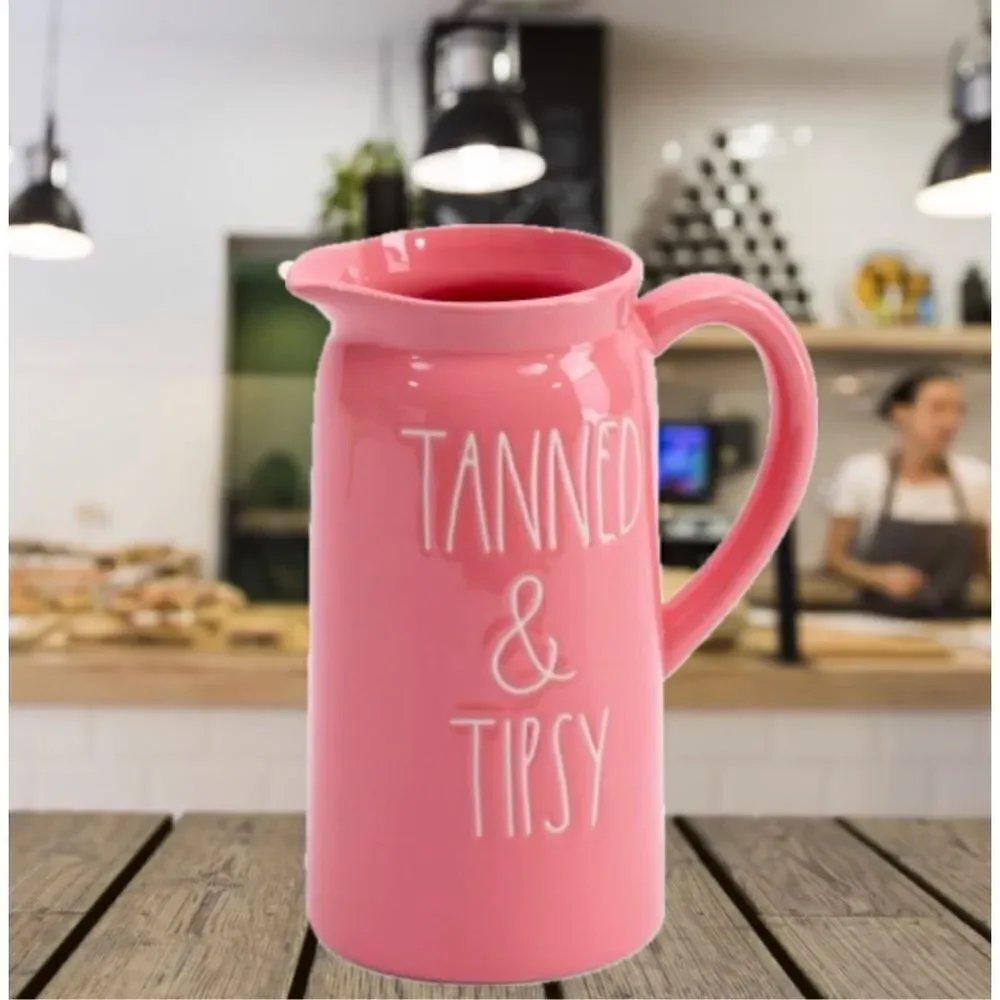 NWT Rae Dunn Salmon Coral Pink Tanned and Tipsy Gorgeous Ceramic Pitcher New
